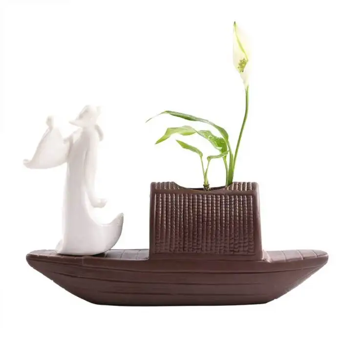 Ceramic Chinese Poet Boat Vase Hydroponic Flower Pot Home Decor E2S