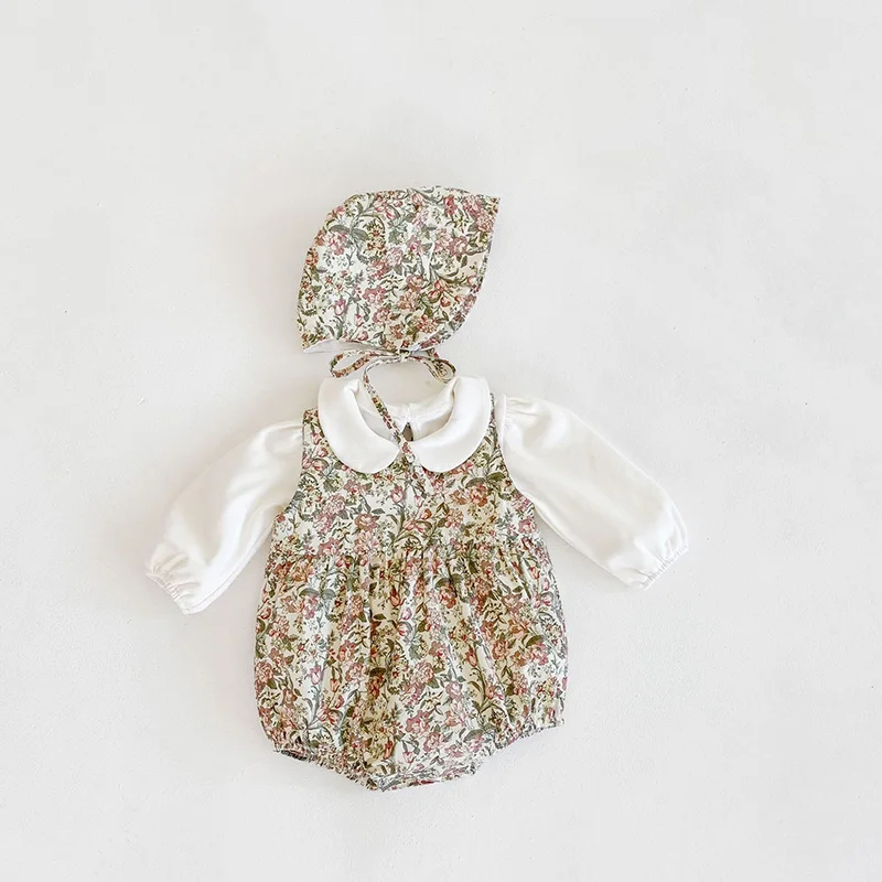 

3Pcs Korean Baby Romper Infant Floral Jumpersuit with Hat Toddler Girl Boutique Clothes Children Vintage Korea's Clothing
