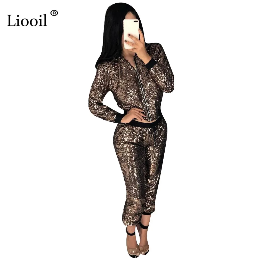 Liooil, коричневый, с блестками, из двух частей, для ночного клуба, пальто и штаны, зима, длинные рукава, на молнии, вечерние наряды для женщин, одинаковые комплекты - Цвет: Коричневый
