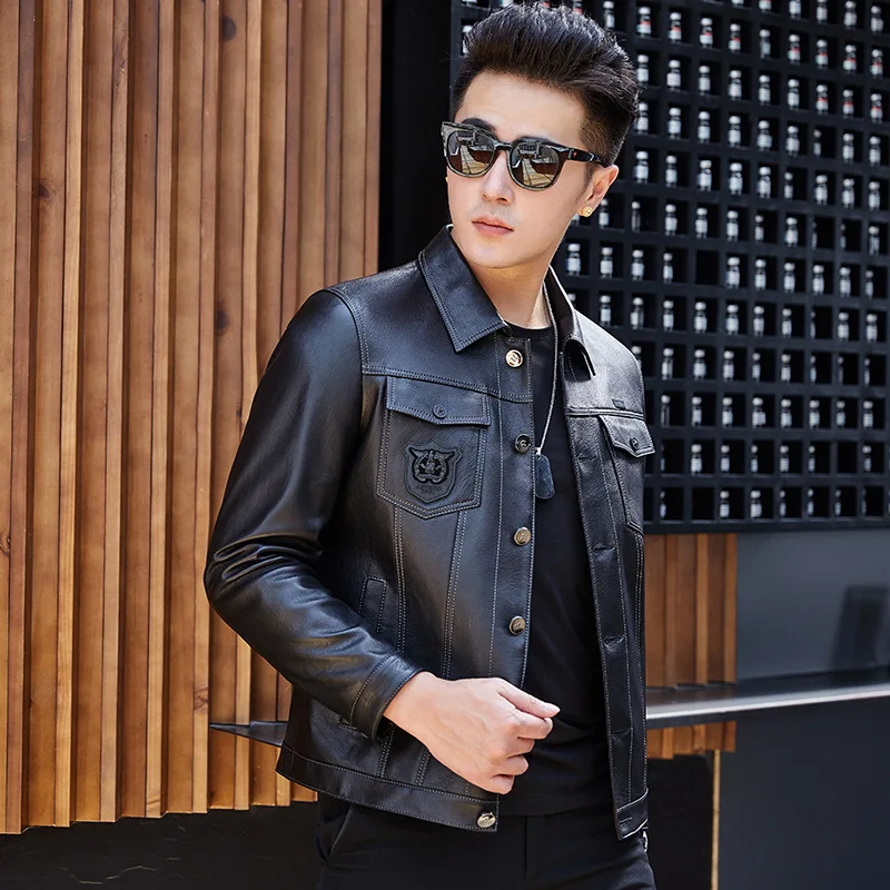 

Genuine Men Motorcycle Sheepskin Coat Short Slim Men's Streetwear Leather Jacket Veste Cuir Homme SY1216F YY424