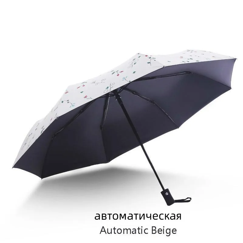 Высококачественный полностью автоматический небольшой свежий зонтик от дождя, Женский тройной Зонт с цветочным черным покрытием, защита от УФ-лучей, guarda chuva - Цвет: Automatic (white)