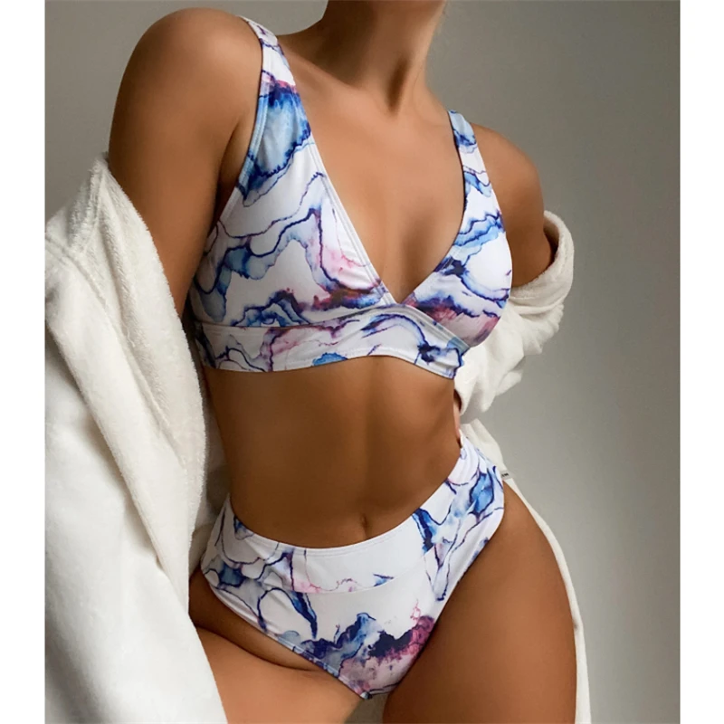 

GNIM High Waist Retro Print Bikini Mujer 2021 Summer Beachwear Swimwear Women 2 Piece High Cut Halter Brazilian Swimsuit Biquini