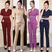 High Quality 2PCS Set Woman Dentist Hospital Spa Unifrom Beauty Salon Bar Overalls Massage Embroidery V-Neck Work Uniforms