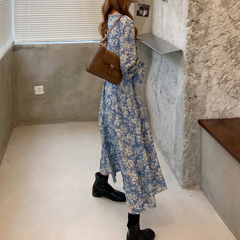2020 New Autumn Female Chiffon Long Dress Women Long Sleeve Holiday Boho Beach Dress Vintage Floral Print Party Vestidos Robe