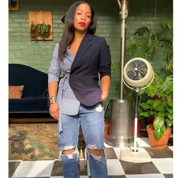 

2019 Autumn Turn-Down Collar Long Sleeve Blazers Casual Women Fashion Stripe Patchwork Outwear Loose Blazer Coat