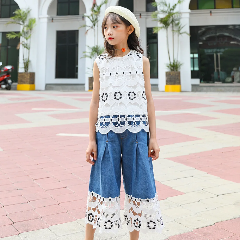 

Girls Denim Suit Summer 2020 New Style Big Boy Lace Vest Wide-Leg Two-Piece Set Korean-style