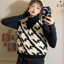 Вязаные женские свитера на осень и зиму, шикарные вязаные жилеты с геометрическим рисунком, Модные свободные свитера без рукавов с v-образным вырезом