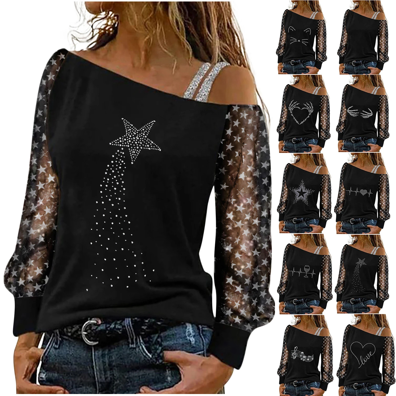 Fashion Sexy Printed T-shirt Women Long Sleeves Cat Print Off-the-shoulder Pullover Casual Loose Shiny Sequin Blouse Tunic Tops vintage graphic tees