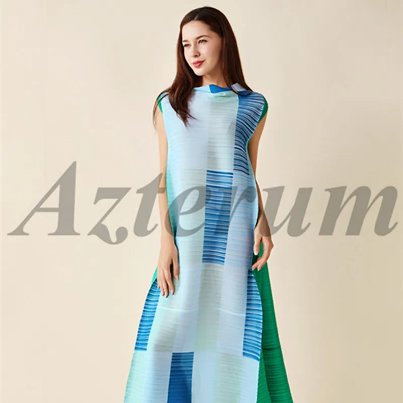 

Special Pleats Fashion Runway Designer Dress Striped Color Matching Loose Long Dress High Quality Lady Dress Vestidos