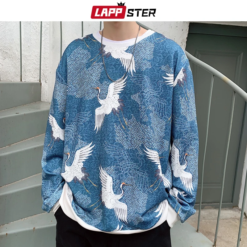 LAPPSTER Men Patchwork Crane Oversized Hoodies Mens Japanese Streetwear Hip Hop Sweatshirts Male Harajuku Kpop Hoodie 5XL