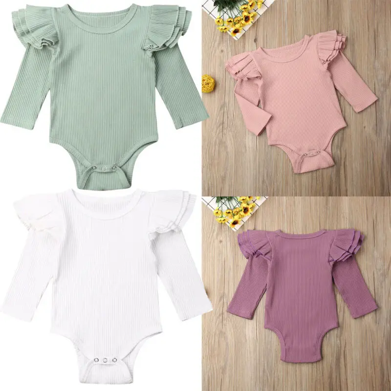 Newborn Baby Girl Bodysuits Winter Solid Ruffle Bodysuits Girl Long Sleeve Jumpsuit Bodysuit Outfit Knitted Baby Clothes