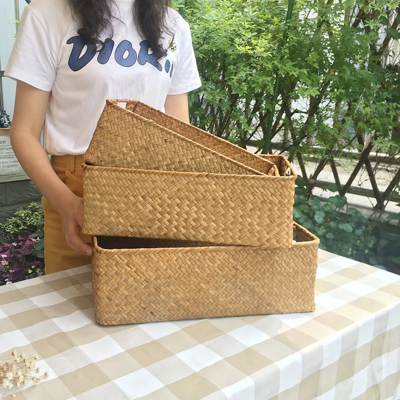 Корзина из ротанга ручной работы, плетеная корзина для хранения водорослей, журнальный столик, тарелка для закусок, косметический ящик для хранения мусора, рабочий стол, отделочная коробка