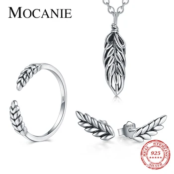 

Mocanie Hight Quality 925 Sterling Silver Retro Plant Wheat Jewelry Set Necklace & Stud Earring & Ring Wedding Engagement Gift