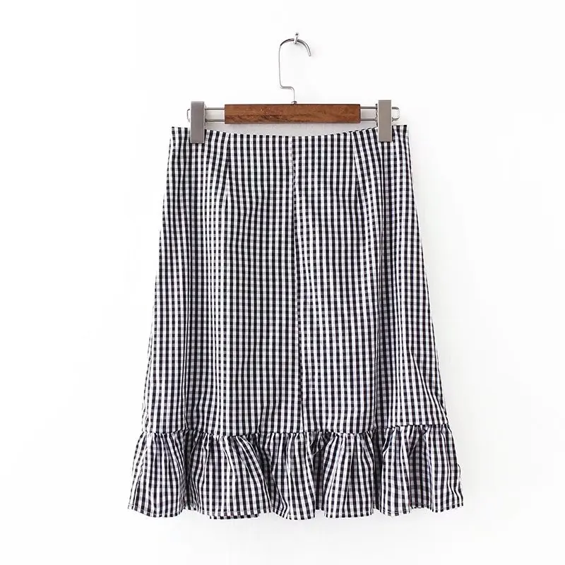 

2018 Spring And Summer WOMEN'S Dress Versatile Slim Fit Slimming Plaid Lotus Leaf Skirt Medium-length Dress Fishtail Skirt 376