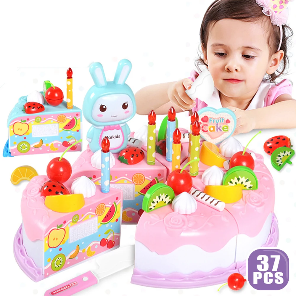 Pretend Cutting Play Food Kids Toy Set Knife, Birthday Cake with Candle 
