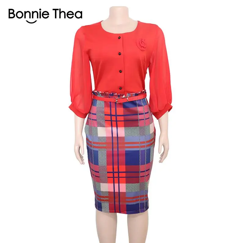 Красный Bonnie Thea, женское осеннее платье, элегантное тонкое офисное платье, женские вечерние платья-карандаш, платье в клетку - Цвет: Красный