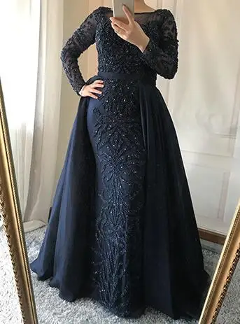 navy blue Роскошные розовые вечерние платья Русалка emeradальд зеленый поезд с длинными рукавами бисером вышитое Стразами Вечернее платье LA6172 - Цвет: navy blue