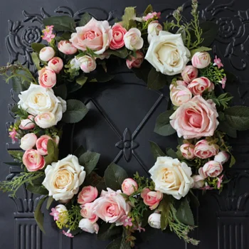 

Front Door Artificial Rose Flower Wreath Wedding Fake Floral Rattan Garland With Green Leaves For Window Wall Home Decoration