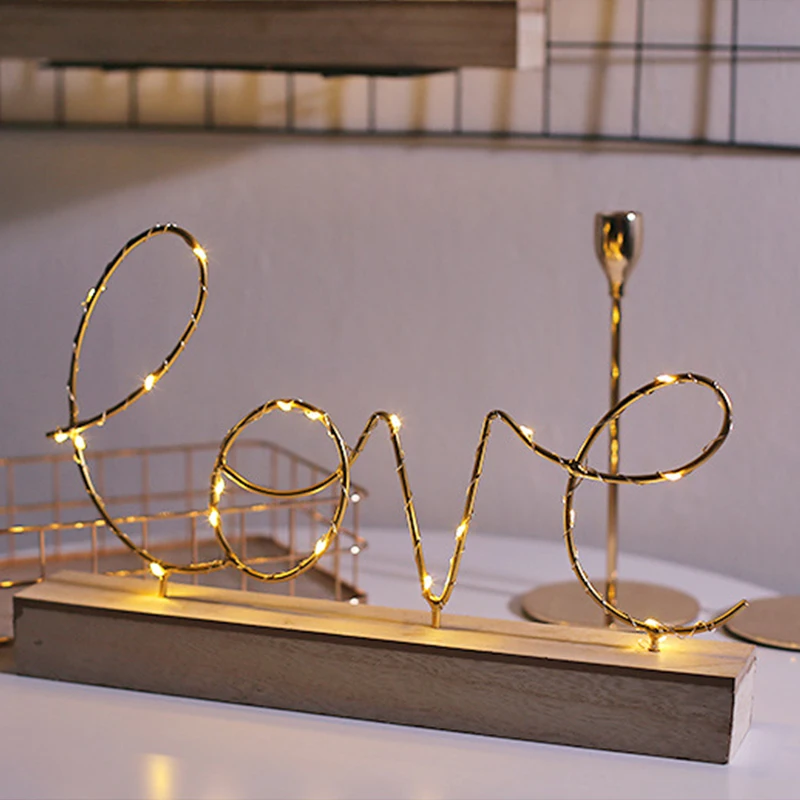 

Creative Wrought Iron Wood Bottom Letters Nightlight Home Bedroom Bedside Ornaments(Without batteries)