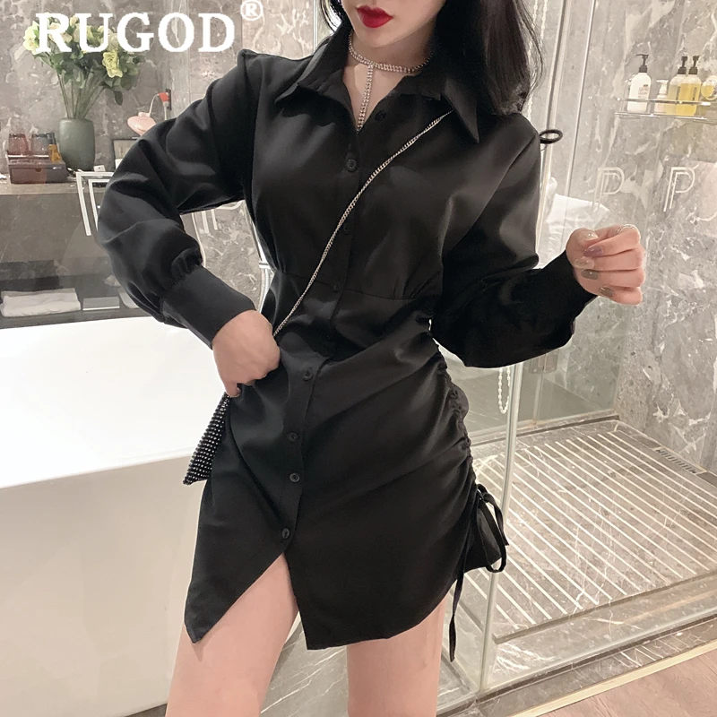 RUGOD элегантные офисные женские белые рубашки модные однотонные женские блузки средней длины с отложным воротником повседневные стильные блузки с завязками