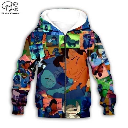 Детская одежда Lilo Stitch 3D Толстовка с капюшоном для маленьких мальчиков и девочек; пуловер с принтом; свитер с длинными рукавами и рисунком; уличная одежда; костюм; 18 - Цвет: Kids Zipper Hoodie