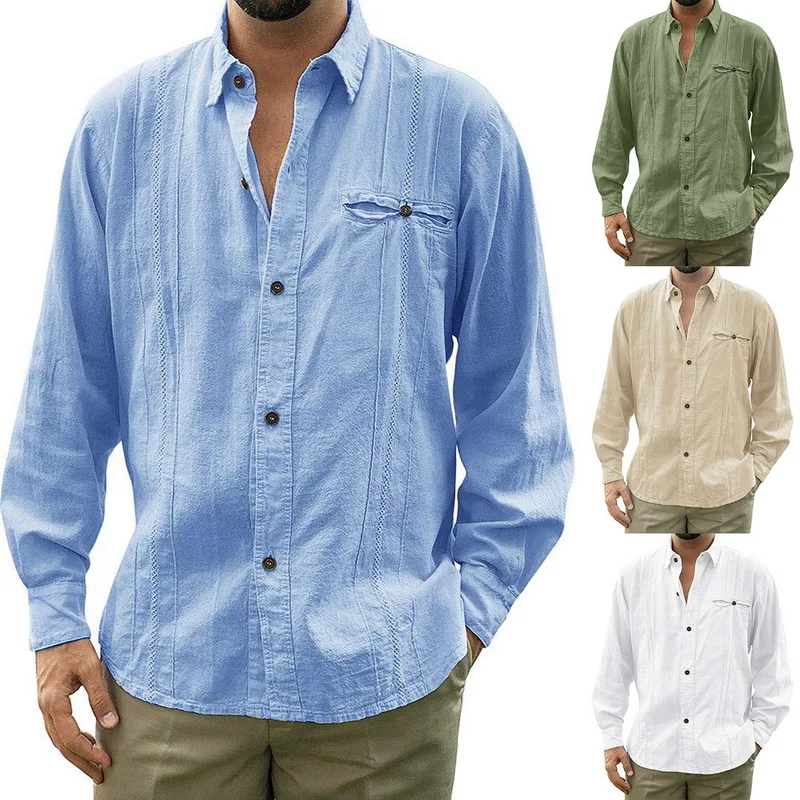 

HEFLASHOR 2019 Autumn Men Loose Fit Cuban Camp Linen Shirts Casual Button Down Casual Shirt High Quality Solid Long Sleeve Shirt