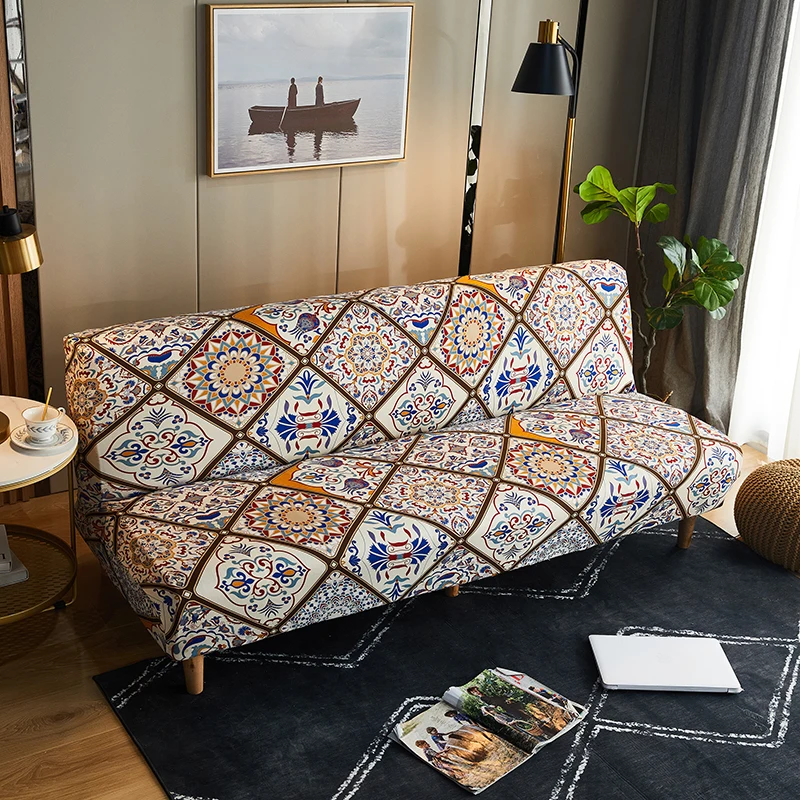 Black Geometric Print Spandex Stretch Sofa Bed Slipcover