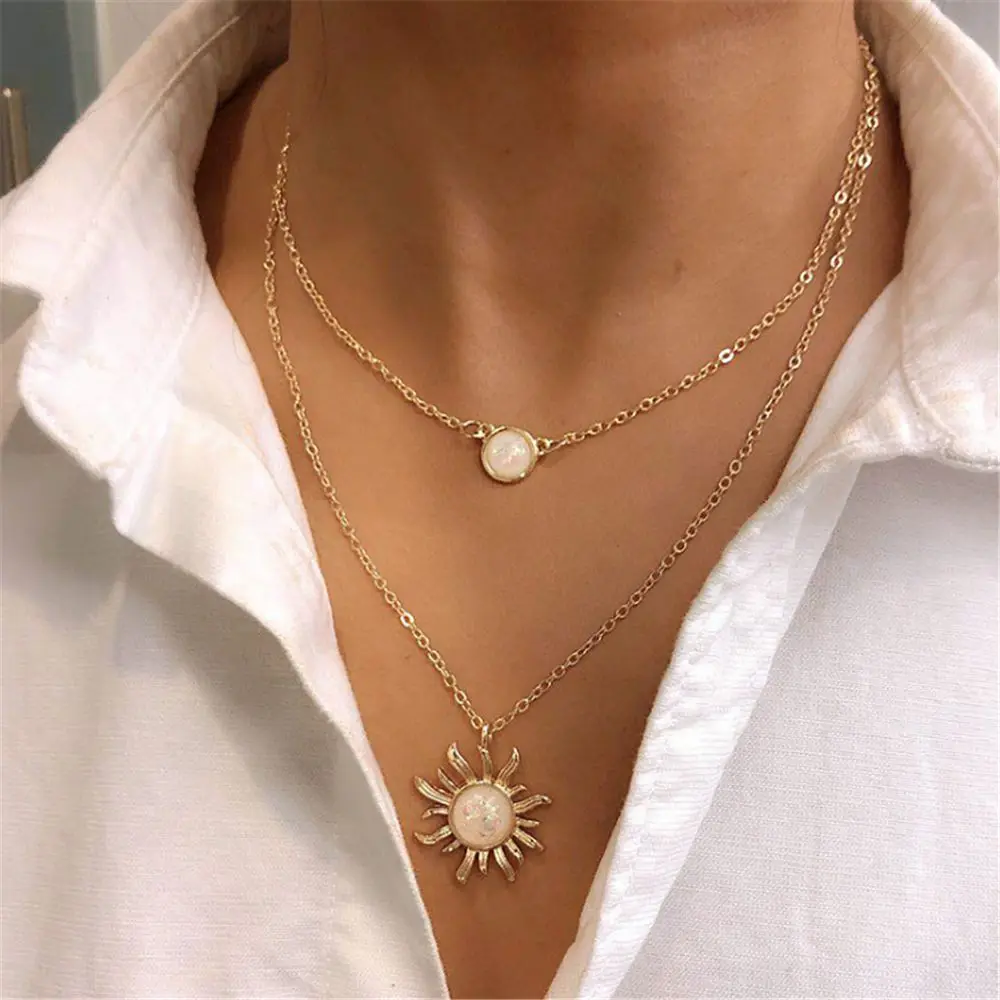 New European and American multi-layer sunflower necklace opal pearl collarbone chain temperament female fashion necklace jewelry