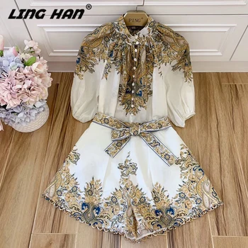 

LINGHAN Totem Print Suits Women's Fashion Stand Collar Puff Sleeve Blouse + Bow cotton Shorts Two Piece Set Designer Summer New