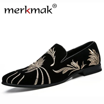 

Merkmak Pointed Toe Embroidered Shoes Fashion Slip-on Men Casual Shoes British Style Big Size Non-slip Men Loafers Party Wedding