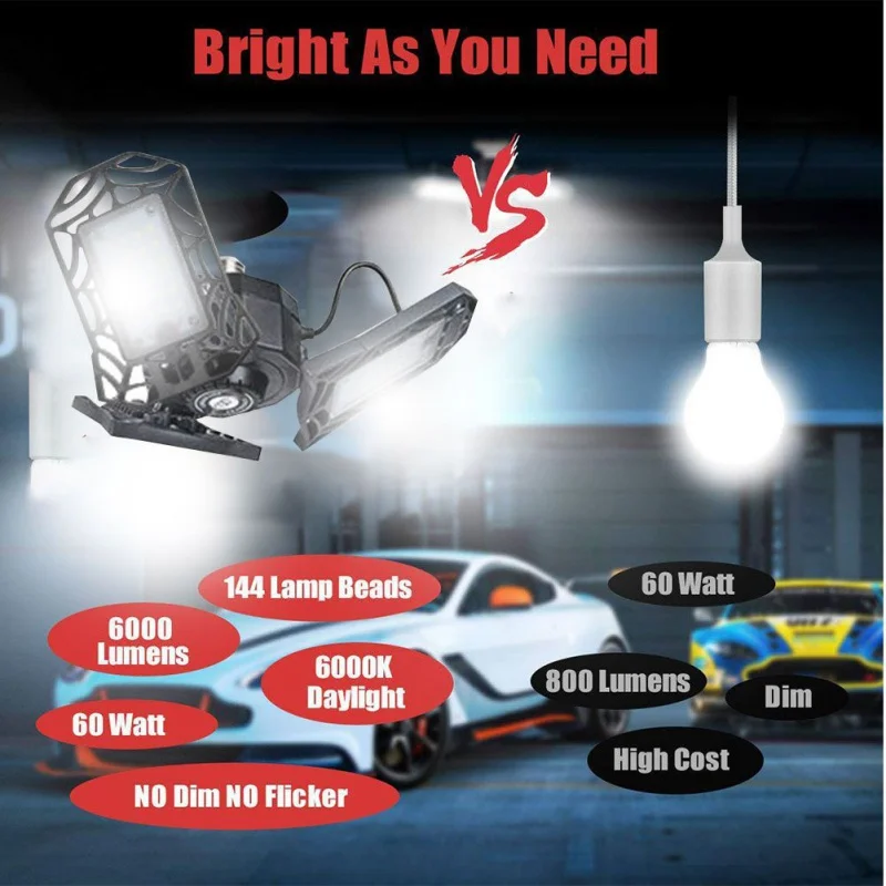 Eshoo светодиодный светильник для гаража 60 Вт светодиодный потолочный светильник 6000лм гаражный светильник ing деформируемый для складского стадиона поддержка E26 спиральная розетка