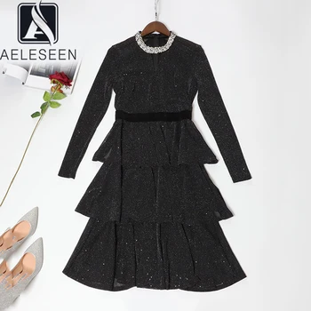

AELESEEN Luxury Sequined Vintage Design High Street Cake Dresses Women Diamonds Stand Collar 2020 Spring New Mesh Midi Dress