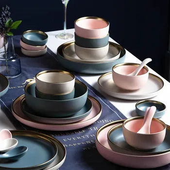 

Mashable Color Ceramic Gold Inlay Plate Steak Food Plate Tableware Bowl Dessert Dish Dinner Dish Dinnerware Set Wholesale