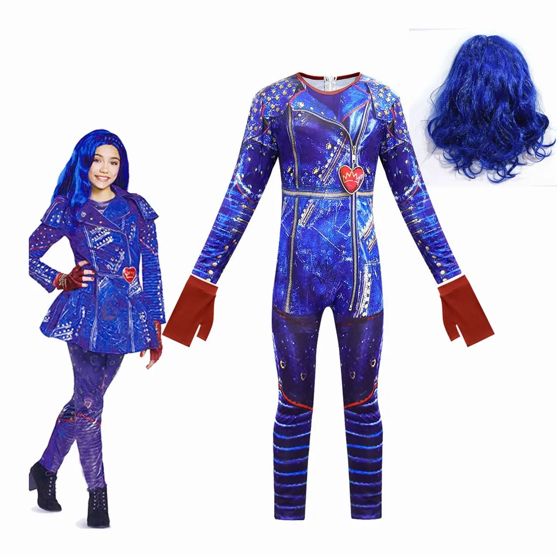 Jumpsuit-wig-gloves Лидер продаж; костюм на Хеллоуин для 3 потомков Эви мал; Косплей Аниме; Карнавальный костюм для вечеринки; комбинезон для девочек - Цвет: Jumpsuit-wig-gloves