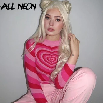 Image of ALLNeon YK Aesthetics Heart Striped Turtleneck Pullovers E-girl Sweet Long Sleeve Hot Pink Sweater Harajuku s Knitwear Autumn