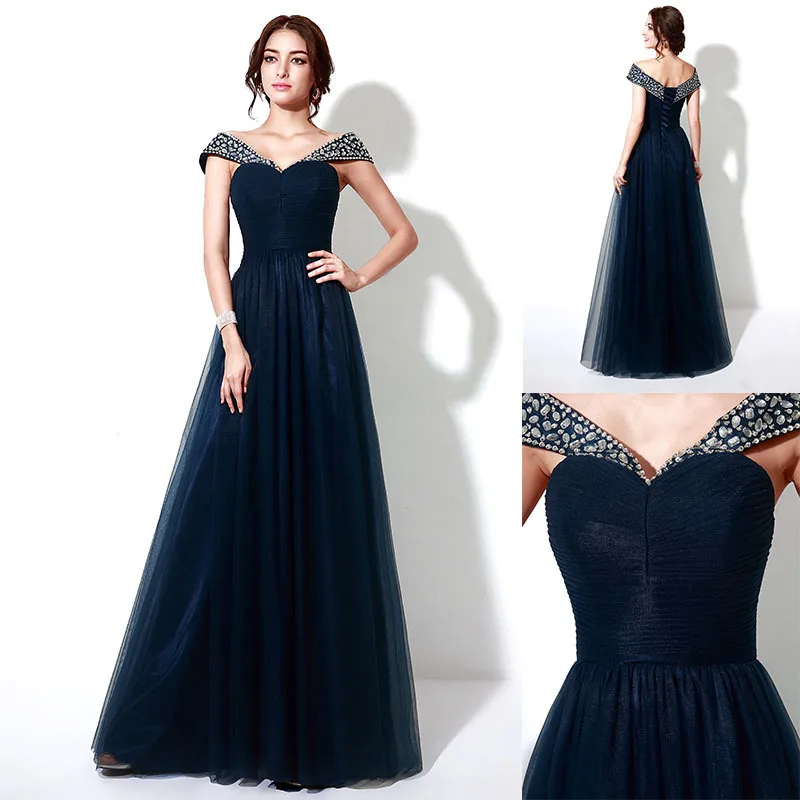 

Beaded Capped Sleeve Long Party Gowns A Line Navy Blue Evening Dresses Lace Up Back Robe De Soiree