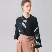 Топ из натурального шелка в китайском стиле, шелк тутового цвета, женские блузки с расклешенными рукавами, M L XL