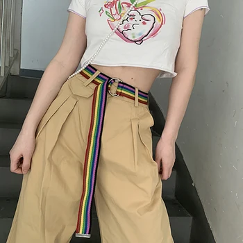 

Casual Canvas Belts For Women 130cm Line Stripe Road Waist Strap Jeans Trouser Black D Shape Buckle Female Harajuku Waistband