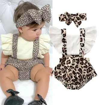 

newborn baby girl leopard romper infant kids ruffle rompers for girl clothes with headband