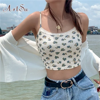 

ArtSu Floral Cute Lace Women Tank Top White Boho Beach Sleeveless Slim Bralette Crop Top Summer Harajuku Streetwear ASVE52052