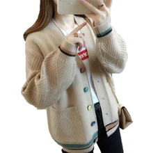 Толстый кардиган женский весна осень длинный рукав вязанный v-образный вырез трикотажные женские шерстяные кофты Женский вязаный жакет Топы