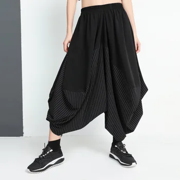 

2020 New Spring Autumn New Style High Elastic Waist Black Striped Patchwork Big Pocket Loose Cross Pants Big Size Fashion Tide