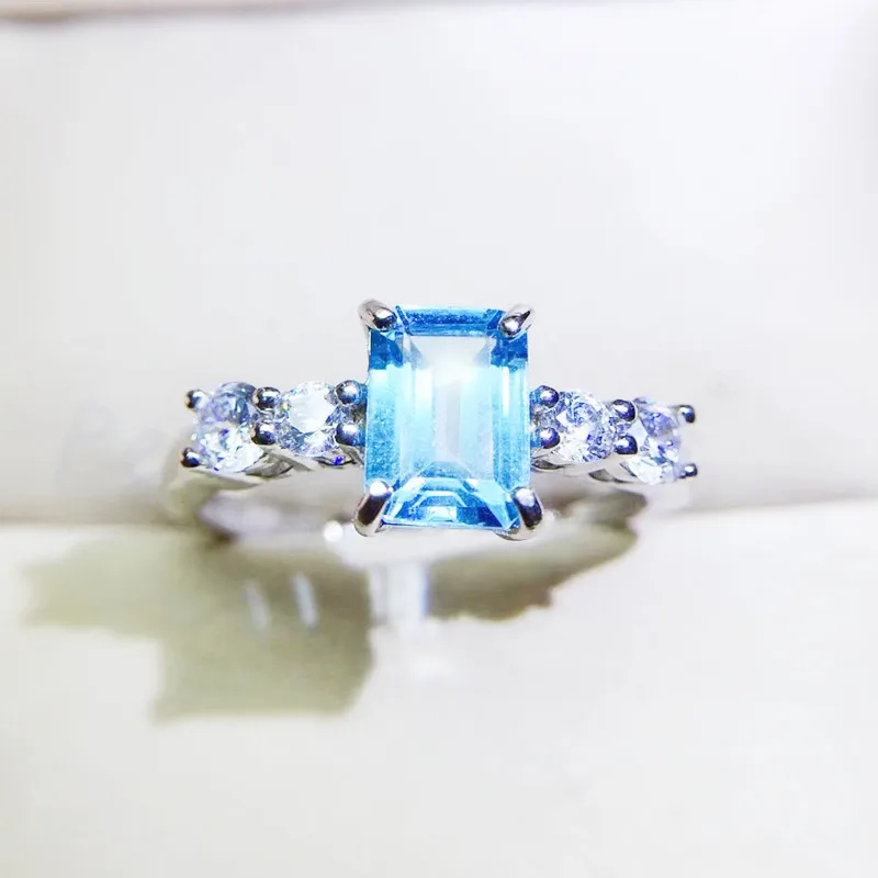 Por J ias Natural Real Azul Top zio Ret ngulo Anel 925 Prata Esterlina 
