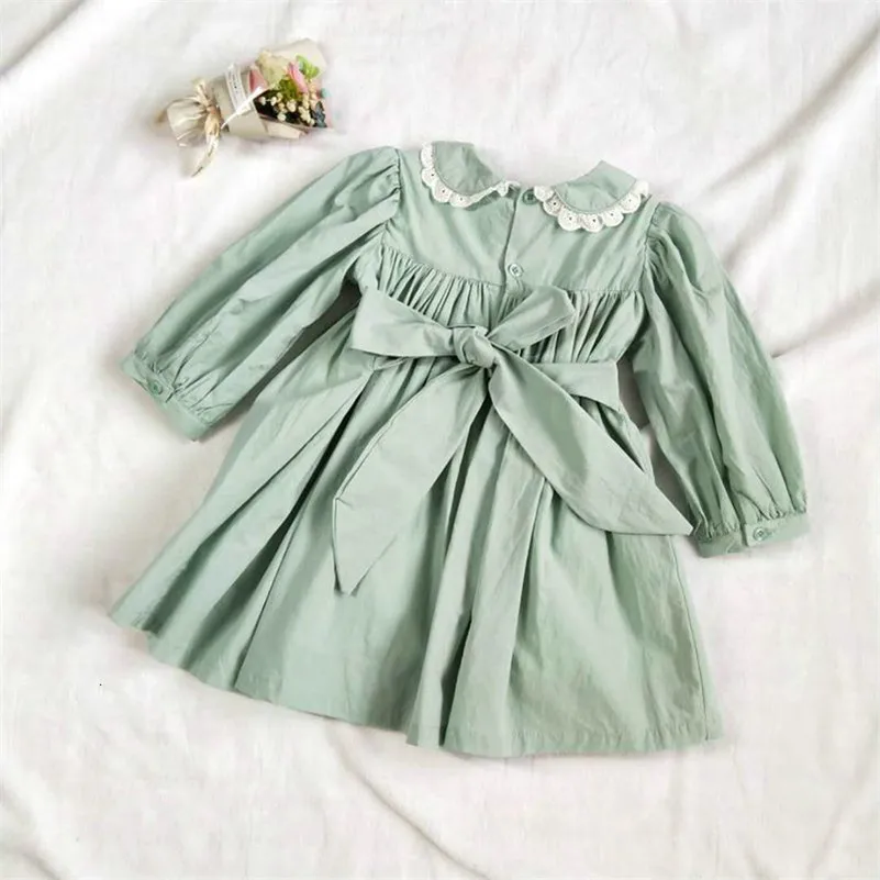 Осеннее жатое платье для маленьких девочек зеленые платья для девочек детская одежда осенний хлопковый Школьный костюм ручной работы G081
