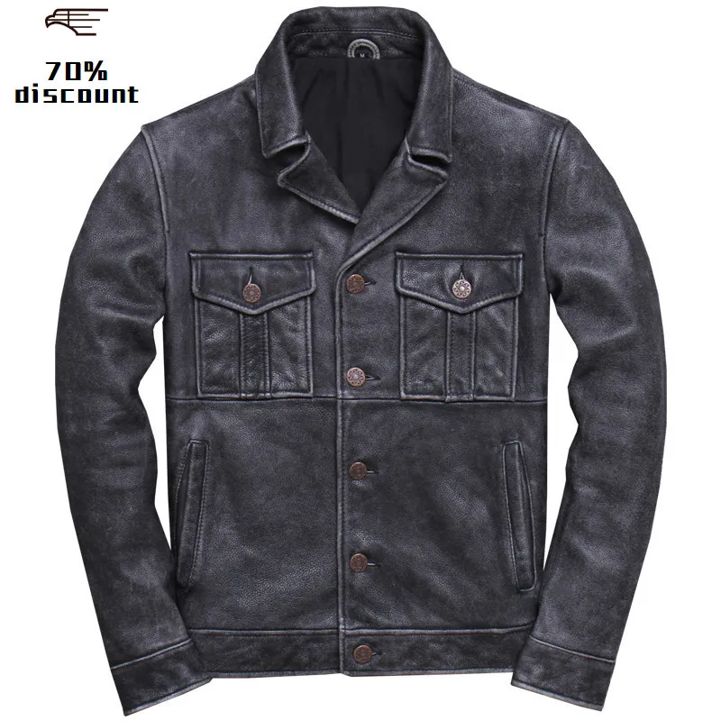 

2020 Vintage Grey Men American Casual Style Leather Jacket Plus Size XXXL Genuine Cowhide Spring Short Natural Leather Coat