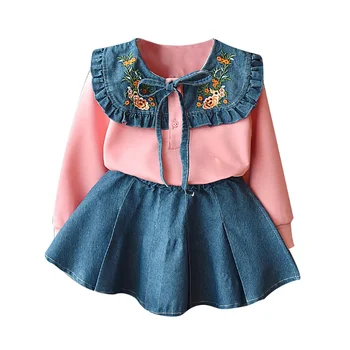 

Kids Long Sleeve Clothes Set 2pcs Baby Girls Set Embroidery Flower Sweatshirt Short Denim Skirts Casual Outfits Set 2-8Y