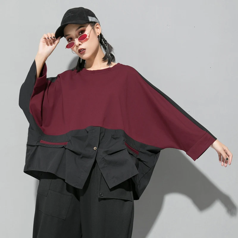 GALCAUR лоскутное Ruched хит цвет Толстовка для женщин с круглым вырезом летучая мышь длинным рукавом нерегулярные женские толстовки Мода Новинка