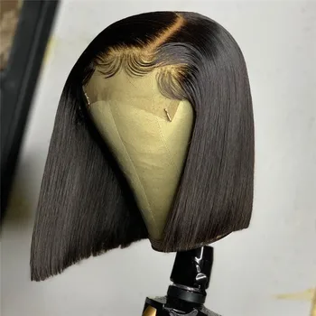 

Jet Black Colored 13x4/6 Transparent Lace Silky Striahgt Blunt Cut Short Bob For Black Women U part Wig PU Adjustable Strap