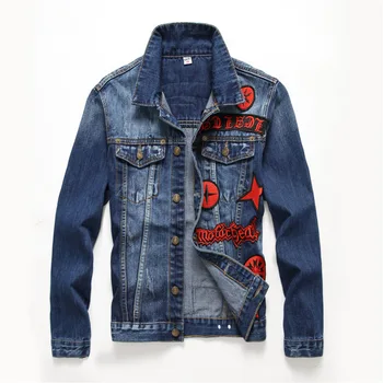 

Fashion Brand Men's Red Cross Badge Embroidery blue Jackets Long Sleeve Slim Denim Coat Patch Design Embroidered Outerwear