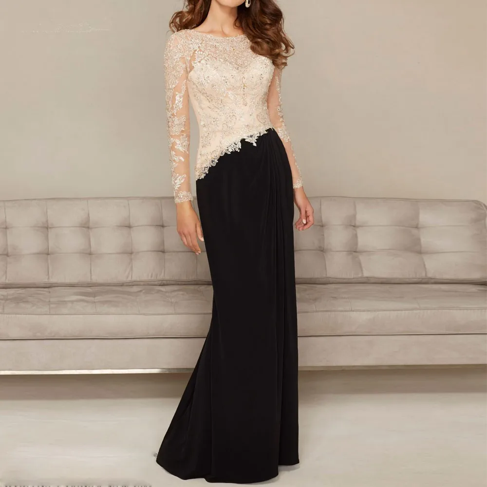 

Sexy Black Champagne Lace Applique Beads Formal long Sleeve Evening Party gown vintage 2018 vestido Mother of the Bride Dresses
